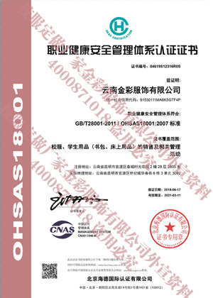 职业健康安全管理体系认证证书（中文WX）